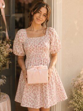 Universal Thread Pink Floral Smocked Cotton Puff Sleeve Dress XS Romantic Summer